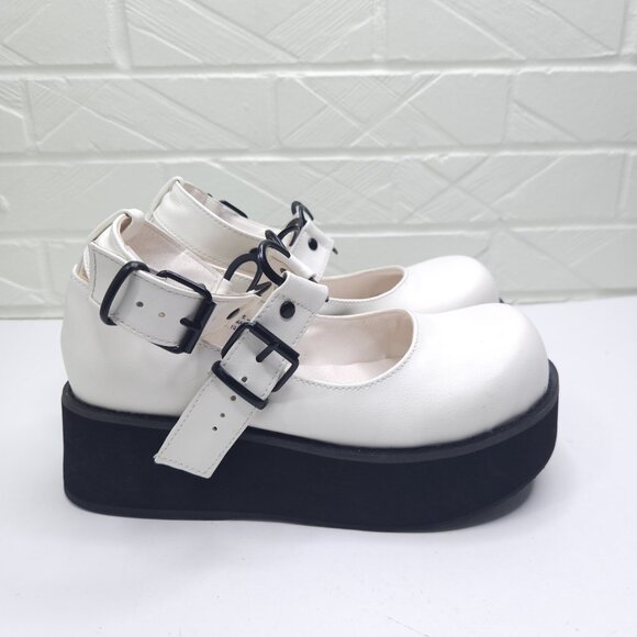 Demonia Sprite - 02 White Faux Leather Heart Strap Mary Jane Platform Lolita 8 - Picture 2 of 9